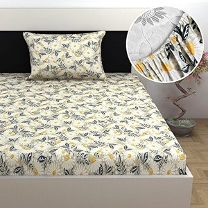 divine casa floret 100 cotton single fitted bedsheet  144 tc  deep pocket design  soft amp breathable fabric  durable amp easy care  198 x 92  25 cm vintage daisies