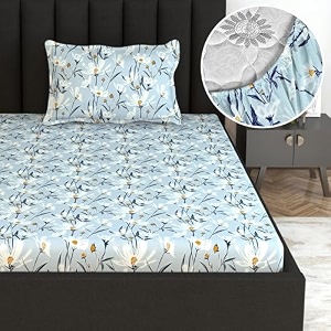 divine casa floret 100 cotton single fitted bedsheet  144 tc  deep pocket design  soft amp breathable fabric  durable amp easy care  198 x 92  25 cm water orchid