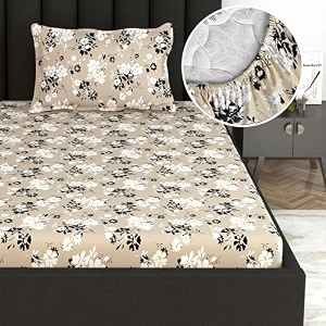 divine casa floret 100 cotton single fitted bedsheet  144 tc  deep pocket design  soft amp breathable fabric  durable amp easy care  198 x 92  25 cm ivory sunflowers