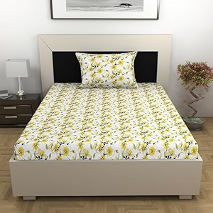 divine casa floret 100 cotton single fitted bedsheet  144 tc  deep pocket design  soft amp breathable fabric  durable amp easy care  198 x 92  25 cm daffodil yellow