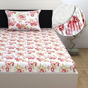 divine casa floret 100 cotton single fitted bedsheet  144 tc  deep pocket design  soft amp breathable fabric  durable amp easy care  198 x 92  25 cm rosy retreat