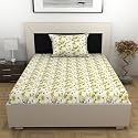 Divine Casa Floret 100% Cotton Single Fitted Bedsheet | 144 TC | Deep Pocket Design | Soft &amp; Breathable Fabric | Durable &amp; Easy Care | 198 x 92 + 25 CM, Daffodil Yellow
