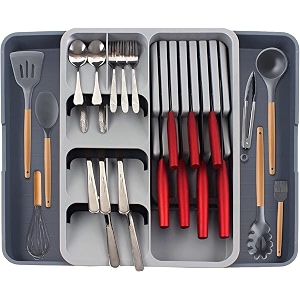 expandable kitchen drawer organizer with knife holder utensil holder adjustable cutlery tray 395 x 56 x 55plasticgrey