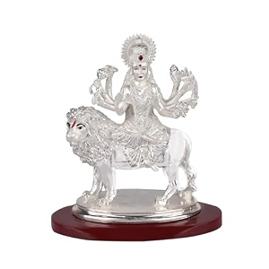 diviniti durga maa idol for home decor showpiece 999 silver plated statue of durga mata on lion ambe rani murti for puja room festival gift mata rani figurine for prosperity good luck 10 x 9 cm