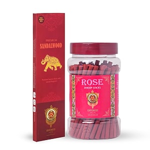 diviniti premium sandalwood incense sticks rose dhoop sticks incense sticks amp dhoop with natural fragrance soothing amp long-lasting aroma for daily puja prayer meditation yoga combo of 2
