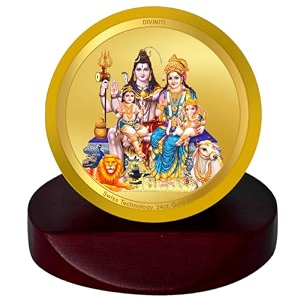 diviniti 24k gold plated shiv parivar metallic idol for home decor pooja room office desk amp car dashboard  premium religious gift with wooden stand for blessings amp positivity55 x 50 cm