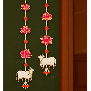 divyakosh handmade mdf cow pichwai with lotus cutouts and pom backdrop hangings for decorations1 pair mdf floral wall hangings for temple decor main door entrance  25 inches