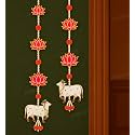 Divyakosh Handmade MDF Cow Pichwai with Lotus Cutouts and Pom Backdrop Hangings for Decorations,1 Pair| MDF Floral Wall Hangings for Temple Decor, Main Door Entrance | 25 Inches|