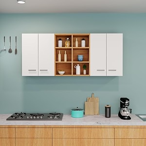 divysa 4 door with mid shelf cabinet multipurpose wall mounted cabinet  storage for kitchen bedroom bathroom bedroom office amp living room  color-beech amp white  size-180 x 30 x 60 cm