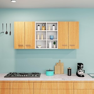 divysa 4 door with mid shelf cabinet multipurpose wall mounted cabinet  storage for kitchen bedroom bathroom bedroom office amp living room  color-white amp beech  size-180 x 30 x 60 cm