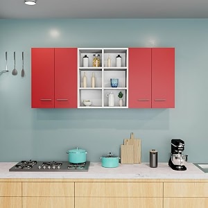4 door multipurpose wall mounted cabinet with open mid shelf  storage for kitchen bathroom bedroom office amp living room  assembly-diy  color-white amp red  size 180x30x60cm