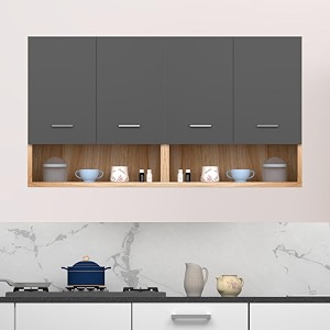 divysa multipurpose use modern wall-mounted kitchen cabinet with doors open shelf design and dual compartment storage  ideal for  perfect for modular kitchen office color asian light amp grey
