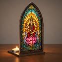 Diwali Candle Holder 2026, Goddess Lakshmi Indian Candle Holder with Lotus and Elephants, Vintage Stained Glass Style, Hindu Pooja Home Decor, Diwali Decorations for Home, Indian Decorations for Pooja