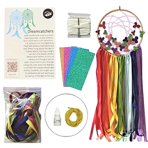 diy dream catcher making kit for kids amp adults  complete craft kit with 6-inch metal ring rainbow color ribbons glitter sheets weaving thread needles amp glue  includes instruction sheet amp video  art amp craft gift