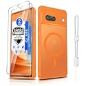 Dizn for Google Pixel 7 Case:with [2 Pack]Tempered Glass Screen Protector,Strap,[Fit for MagSafe],Matte Translucent Cover &amp; Military Grade Anti-Scratch Protective,for Google Pixel 7 Phone Case,Orange