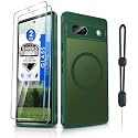 Dizn for Google Pixel 7a Phone Case:Googlr7A Case,with [2 Piece] Tempered Glass Screen Protector,Wrist Band,[Fit for MagSafe],Matte Translucent Slim & Military Grade Anti Shock for Pixel 7a,Green