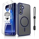 Dizn Magnetic Case for Samsung Galaxy A35 5G Case:with [2 Tempered Glass],Compatible with MagSafe Wireless Charging,Hand Strap,Matte Translucent Shockproof,Phone Cover for Samsung Galaxy A 35,Blue