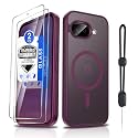 Dizn Magnetic for Google 9A Case, with Tempered Glass Screen Protector, Compatible with MagSafe Wireless Charging, Matte Translucent &amp; Military-Grade Shockproof Cover Protective for Pixel 9A, Wine Red