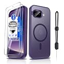 Dizn Magnetic for Google 9A Case,with Tempered Glass Screen Protector,Compatible with MagSafe Wireless Charging, Matte Translucent &amp; Military-Grade Shockproof Cover Protective for Pixel 9A,Dark Purple