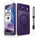 Dizn Magnetic for Google Pixel 7a Phone Case:Matte Cover,with Tempered Glass Screen Protector,[Compatible with MagSafe] Wireless Charging,with Strap,Military-Grade Protective,for Pixel 7a,Dark Purple