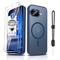 Dizn Magnetic for Google Pixel 9A Case, with Tempered Glass Screen Protector, Compatible with MagSafe, with Strap, Matte Translucent &amp; Shockproof, Protective Cover Funda Google Pixel 9A, Sapphire Blue
