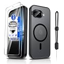 Dizn Magnetic for Google Pixel 9A Case, with Tempered Glass Screen Protector, Compatible with MagSafe, with Strap, Matte Translucent &amp; Shockproof, Protective Cover Funda Google Pixel 9A, Black