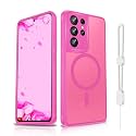 Dizn Magnetic for Samsung Galaxy S21 Ultra Case:,with Strap,Full Camera Protective Lens,Matte Translucent Cover, Military Grade Shockproof Protective for S 23 Ultra,Rose Red
