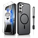 Dizn Magnetic for Samsung Galaxy S23 Case:[Not Fit S23+],with Tempered Glass Screen Protector,Compatible with MagSafe,with Strap,Matte Translucent Cover &amp; Military Grade Protection S 23,Black
