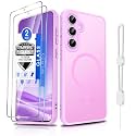 Dizn Magnetic for Samsung Galaxy S24 FE Phone Case,with 2Tempered Glass Screen Protector,Compatible with MagSafe,with Strap,Matte Translucent &amp; Military Grade Shockproof Protective S24FE, Pink