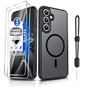 Dizn Magnetic for Samsung Galaxy S24 FE Phone Case,with 2Tempered Glass Screen Protector,Compatible with MagSafe,with Strap,Matte Translucent &amp; Military Grade Shockproof Protective S24FE,Black