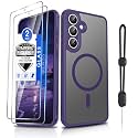 Dizn Magnetic for Samsung Galaxy S25 FE Phone Case,with 2Tempered Glass Screen Protector,Compatible with MagSafe,with Strap,Matte Translucent &amp; Military Grade Shockproof Protective S25FE,Purple