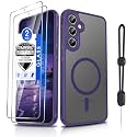 Dizn for Samsung Galaxy A35 5G Phone Case:Ultra‑Slim Matte Shockproof Protective Cover,for A35,with [2 Pcs] Tempered Glass Screen Protector,[Fit Magsafe],with Hand Strap &amp; Soft Funda para A 35,Purple
