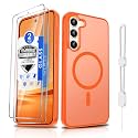 Dizn for Samsung Galaxy Phone Case with Tempered Glass Screen Protector, Wireless Charging Matte Translucent Soft-Touch &amp; Military-Grade Shockproof for Samsung Galaxy S23 Plus(6.6"),Orange