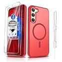 Dizn for Samsung Galaxy Phone Case with Tempered Glass Screen Protector, Wireless Charging Matte Translucent Soft-Touch &amp; Military-Grade Shockproof for Samsung Galaxy S23 Plus(6.6"),Red