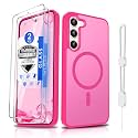 Dizn for Samsung Galaxy Phone Case with Tempered Glass Screen Protector, Wireless Charging Matte Translucent Soft-Touch &amp; Military-Grade Shockproof for Samsung Galaxy S23 Plus(6.6"),Hot Pink