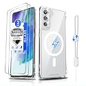 Dizn for Samsung Galaxy S21 FE Phone Crystal Case: [Not Fit S21/S21+],2 Tempered Glass & 2 Camera Lens Protector,[Antil-Yellow],Compatible with Magsafe,with Strap,Shockproof Magnetic Case S21FE,Clear