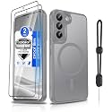 Dizn for Samsung Galaxy S22 5G Phone Case:Ultra‑Slim Matte Translucent Shockproof Protective for S22,with [2 Pcs] Explosion-Proof Film,[Fit Magsafe],with Hand Strap &amp; Soft Funda para S 22 5G,Grey