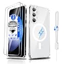 Dizn for Samsung Galaxy S23 FE Phone Crystal Case: [Not Fit S23/S23+],2 Tempered Glass &amp; 2 Camera Lens Protector,[Antil-Yellow],Compatible with Magsafe,with Strap,Shockproof Magnetic Case S23FE,Clear