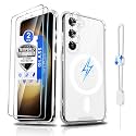 Dizn for Samsung Galaxy S23 Phone Crystal Case: [Not Fit S23 Ultra/S23+],2 Tempered Glass &amp; 2 Camera Lens Protector,[Antil-Yellow],Compatible with Magsafe,with Strap,Shockproof Magnetic Case S23,Clear