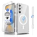 Dizn for Samsung Galaxy S24 FE Phone Crystal Case: [Not Fit S24/S24+],2 Tempered Glass &amp; 2 Camera Lens Protector,[Antil-Yellow], Compatible with Magsafe,with Strap,Shockproof Magnetic Case S24FE,Clear