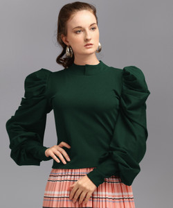 dl fashion party puff sleeves solid women green top