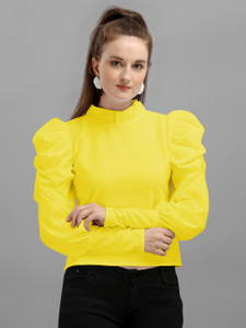dl fashion party puff sleeves solid women yellow top