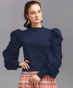 dl fashion party puff sleeves solid women blue top