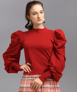 dl fashion party puff sleeves solid women red top
