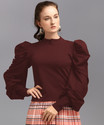 DL Fashion Party Puff Sleeves Solid Women Maroon Top