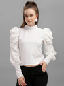 DL Fashion Party Puff Sleeves Solid Women White Top