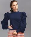 DL Fashion Party Puff Sleeves Solid Women Blue Top