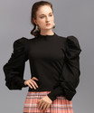 DL Fashion Party Puff Sleeves Solid Women Black Top