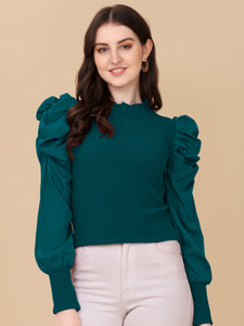 dl fashion party puff sleeves solid women dark green top
