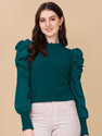 DL Fashion Party Puff Sleeves Solid Women Dark Green Top